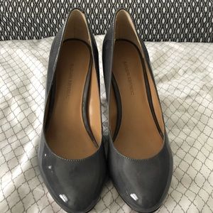 Block heel patent leather pumps.